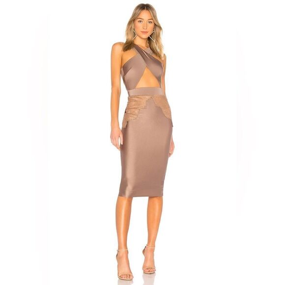 Michael Costello x REVOLVE Philip Midi Dress in Taupe Bodycon Lace Trim Halter - Picture 1 of 14